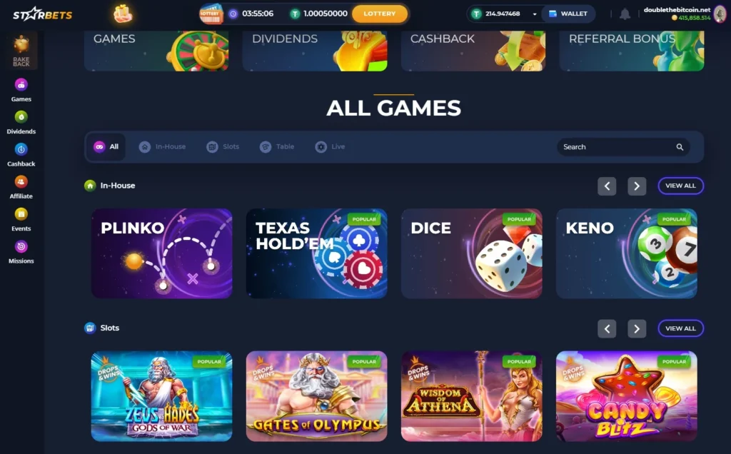 Sleek and vibrant interface of Starbets, a crypto casino alternative to Stake Casino.