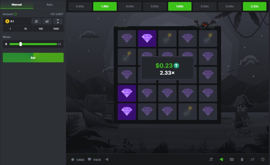 Screenshot of BC.Game Mines Game interface showing betting screen with 2.33x multiplier.