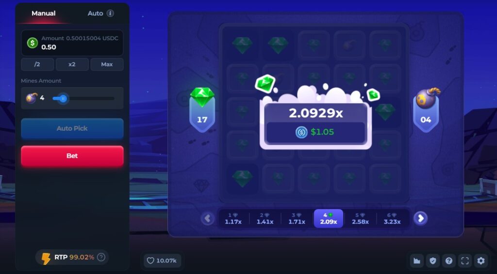 Screenshot of Betfury Mines Game interface displaying betting screen with 2.09x multiplier.