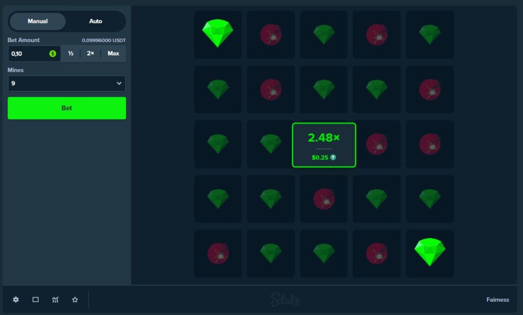 Screenshot of Stake Original Mines Game interface showing a betting screen with a 2.48x multiplier.