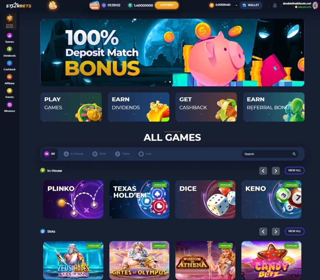 Starbets Australia Casino Lobby featuring a 100% Deposit Match Bonus and popular games