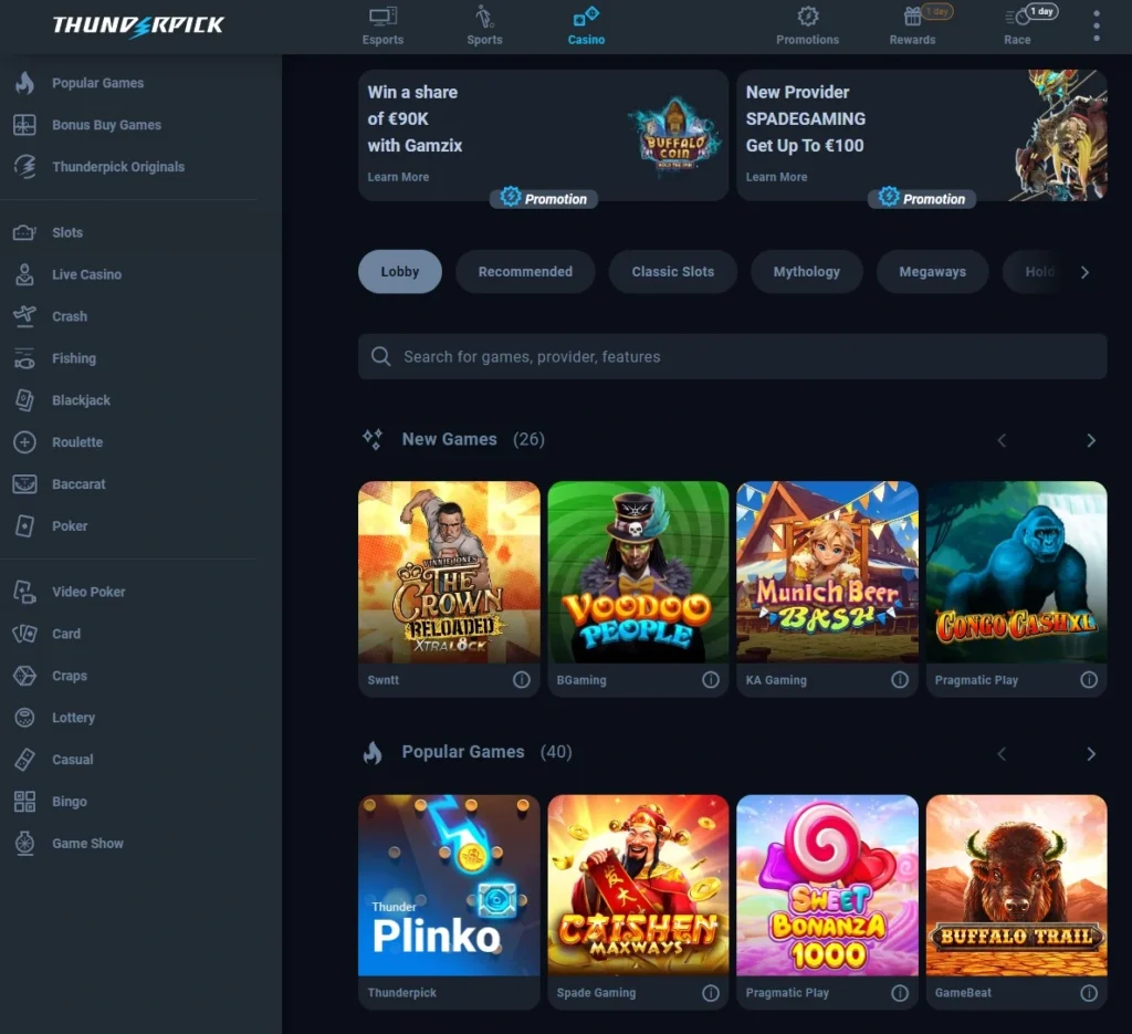 Thunderpick Australia Casino Lobby showcasing new and popular online game